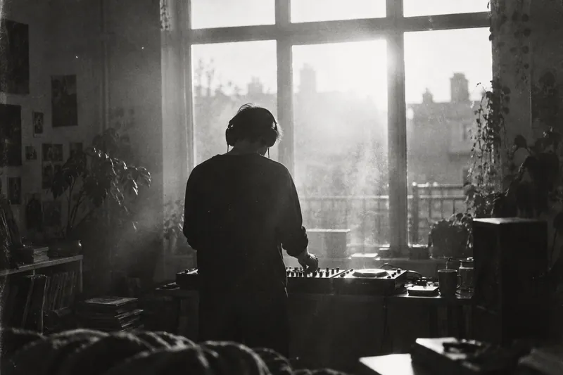 A lone DJ in silhouette at a small mixer at home, in front of a bright window.