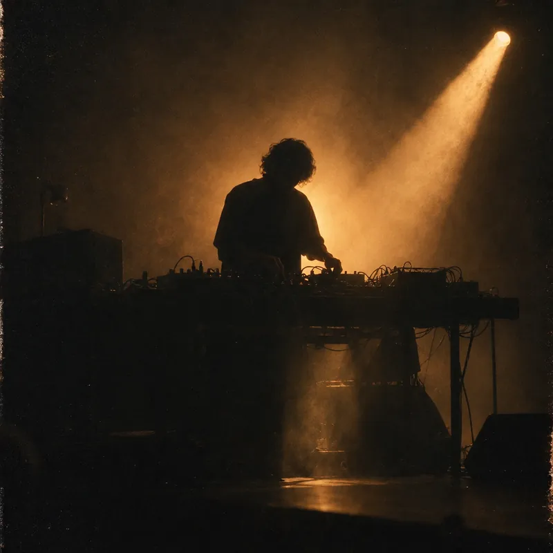 A lone musician silhouetted at a table of gear in warm amber haze.