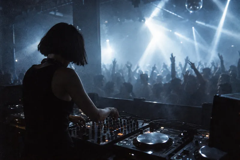 A woman DJ with a short bob at the mixer, seen from behind, blue light beams over a crowd with raised hands.